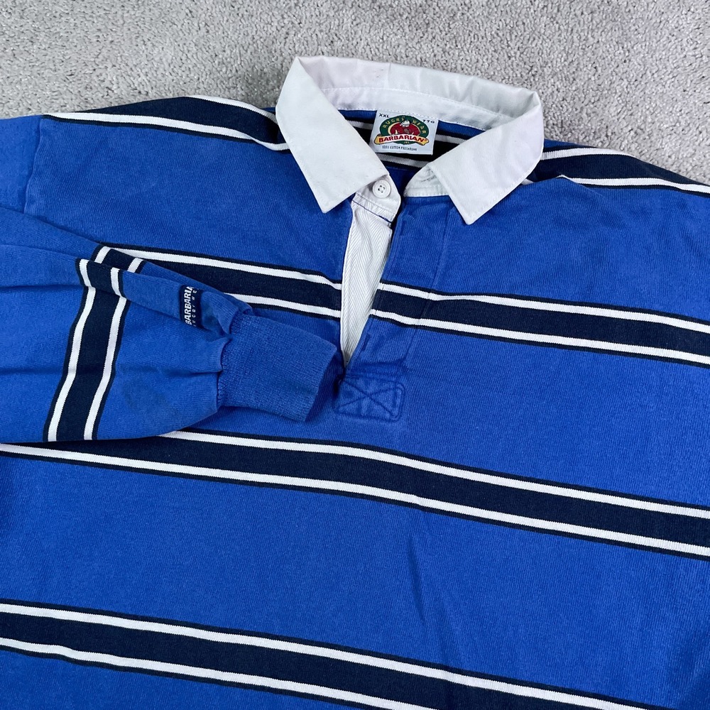 Vintage Barbarian Rugby Shirt Mens 2XL Blue Striped Long Sleeve Heavyweight Polo